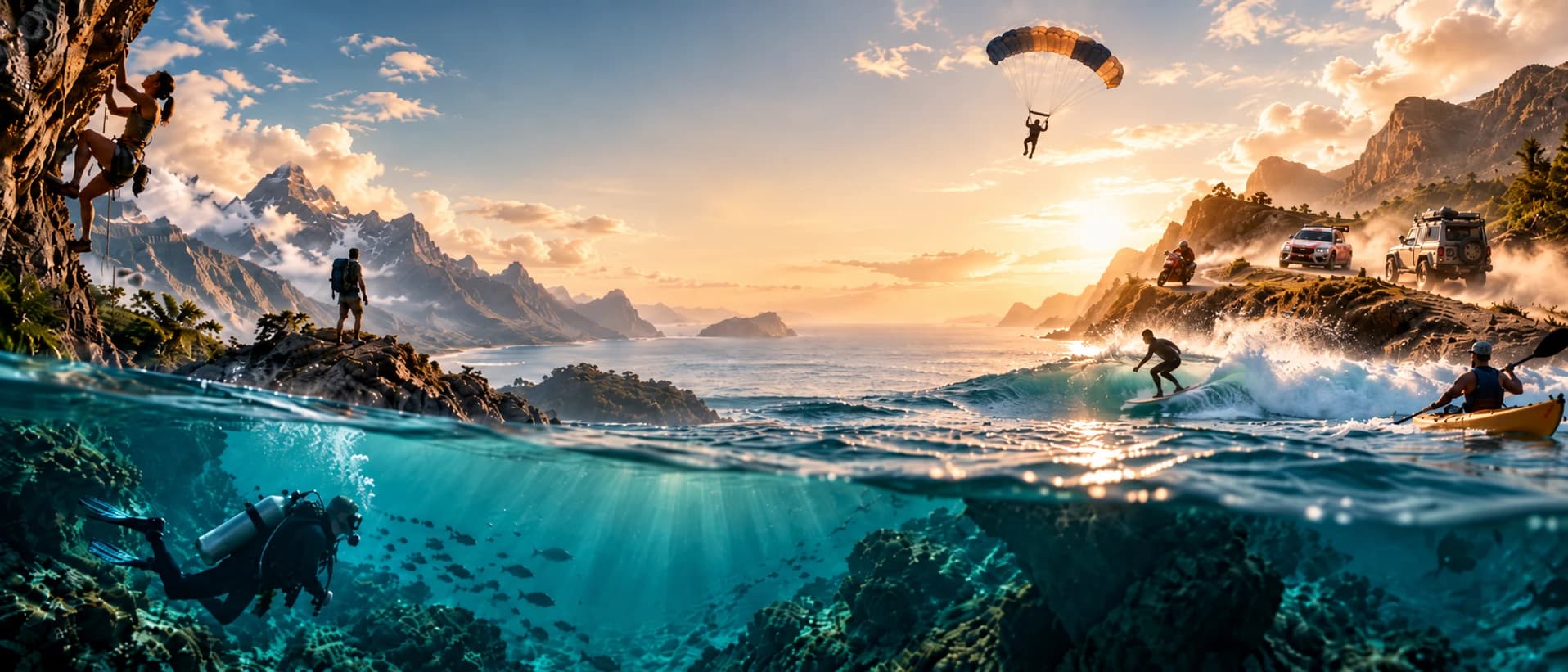 Escalada, senderismo, parapente, motociclismo, rally, aventura en 4×4, surf, kayak y buceo en un paisaje entre montaña y mar